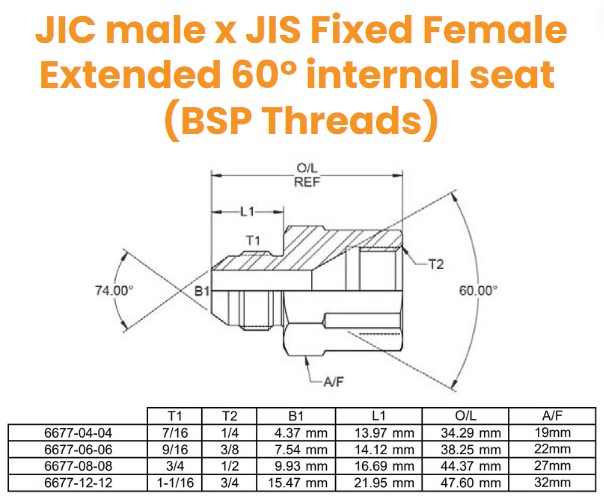 7/16 JIC  x 1/4 JIS M/Fixed Fem 60° Seat (BSP Thread) Hydraulic Adaptor